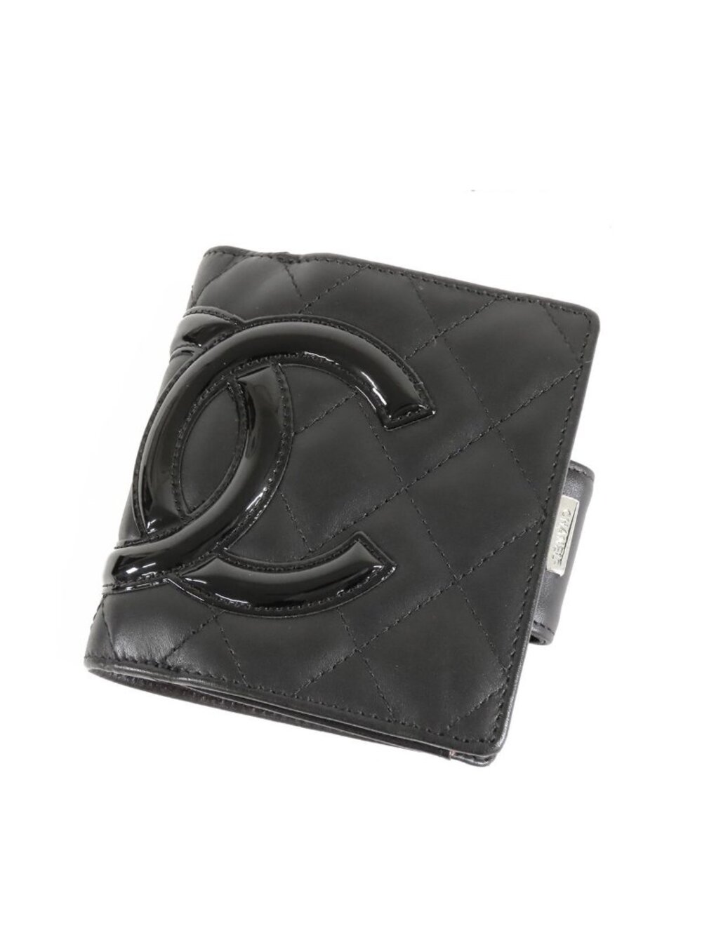 Chanel Cambon Line Compact Wallet Black Pink Silver Leather Patent Bifold